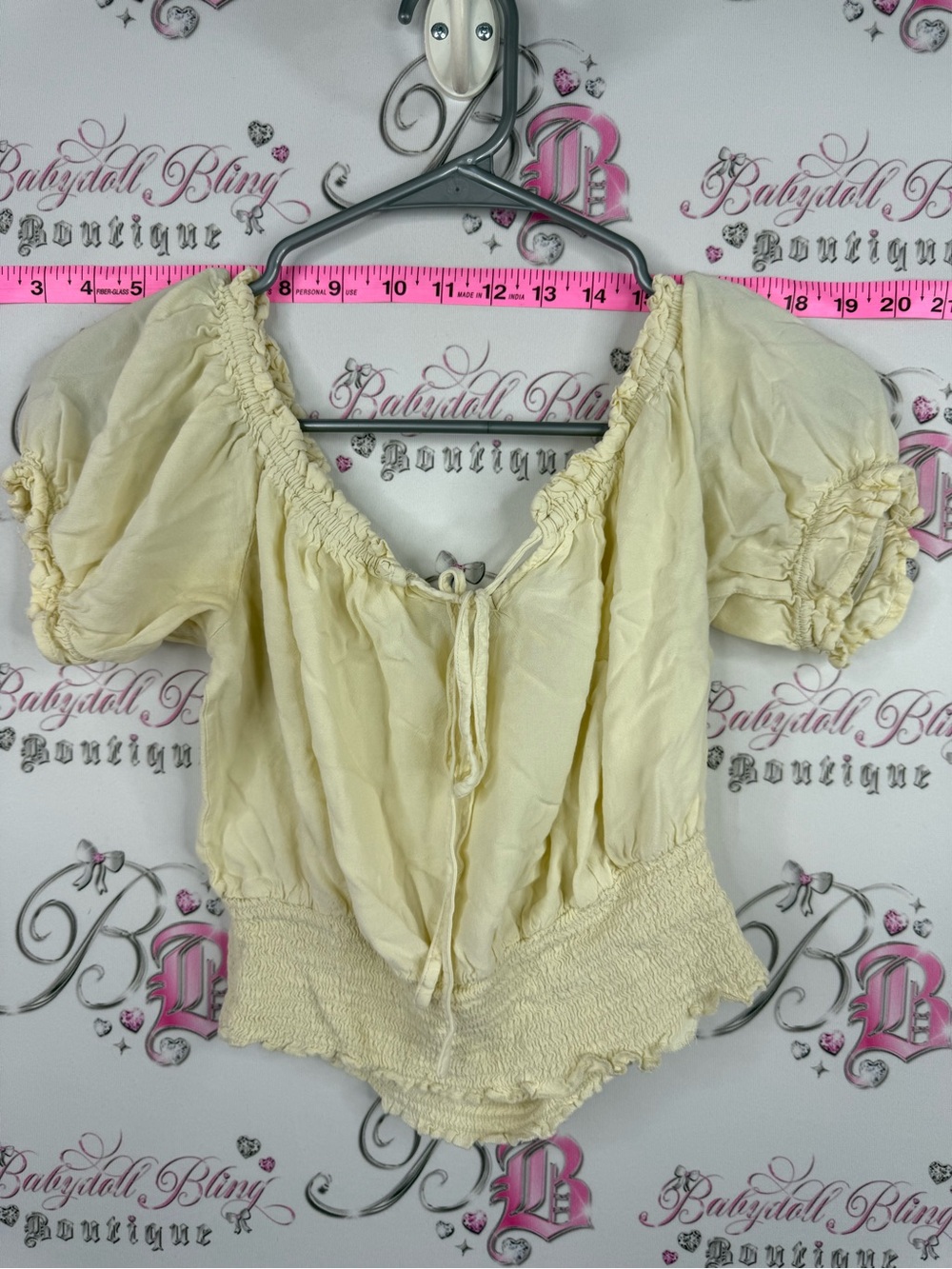 MARISA ATTITUDE milkmaid butter yellow Cream Smocked Peasant Tie-Front Top